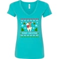 thumbnail image 3 of Inktastic Merry Christmas Sloth and Llama Ugly Sweater Style Women's V-Neck T-Shirt, 3 of 5