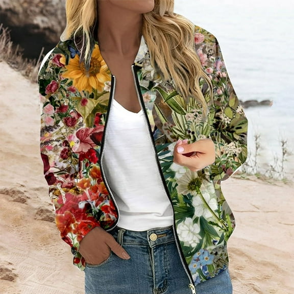 ZHOGXU Women's Coat With Pocket Long Sleeve Flower Print Zipper Comfortable Stylish Jacket For Casual Daily Wear Green S