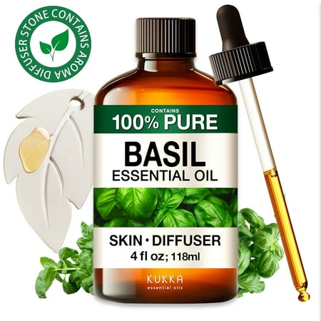 Kukka Basil Essential Oil with Aromatherapy Stone - 100% Pure Plant-Powered for Diffuser, Aromatherapy, Massage & DIY Crafts - 4 Fl Oz
