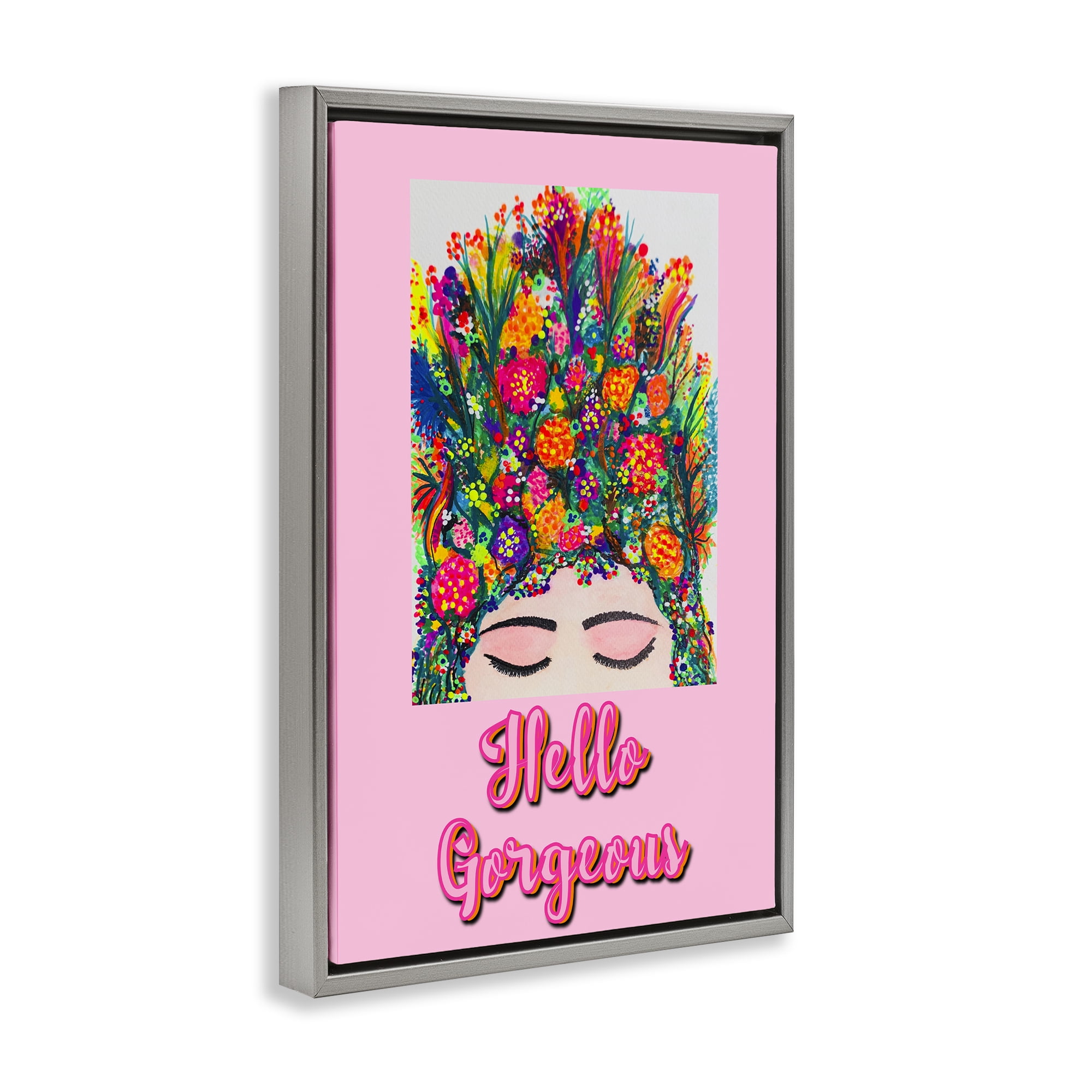 Stupell Industries Hello Gorgeous Floral Woman Gray Framed Floater Canvas Wall Art, design by Pooja Dave