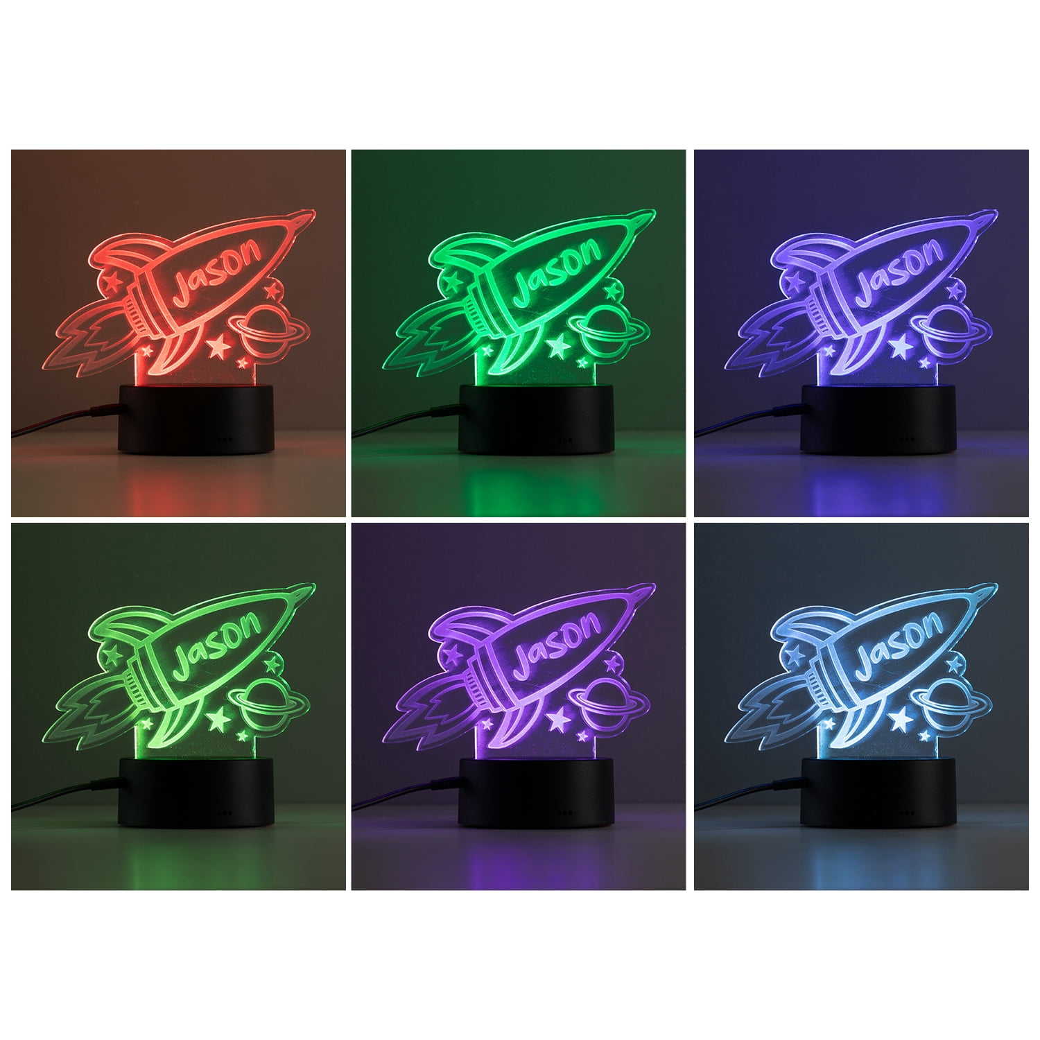 Personalized Planet Spaceship and Space Themed Multicolor LED Night Light with Custom Name Laser Engraved on Acrylic Design Insert