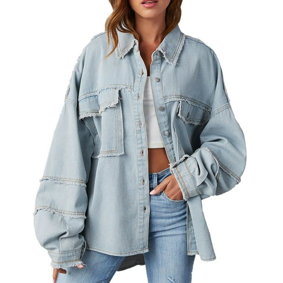 Niaviben Jean Jacket Women Long Denim Jacket Women Oversized Jean Jacket Women's Casual Jackets Womens Fall Jackets Womens Jacket Womens Jackets Dressy Casual Light Blue S