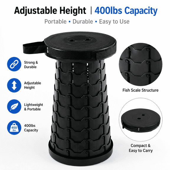 PLERISE Folding Stool, Lightweight Portable Collapsible Stool for Camping Fishing Hiking Bbq, Black, Sturdy Construction