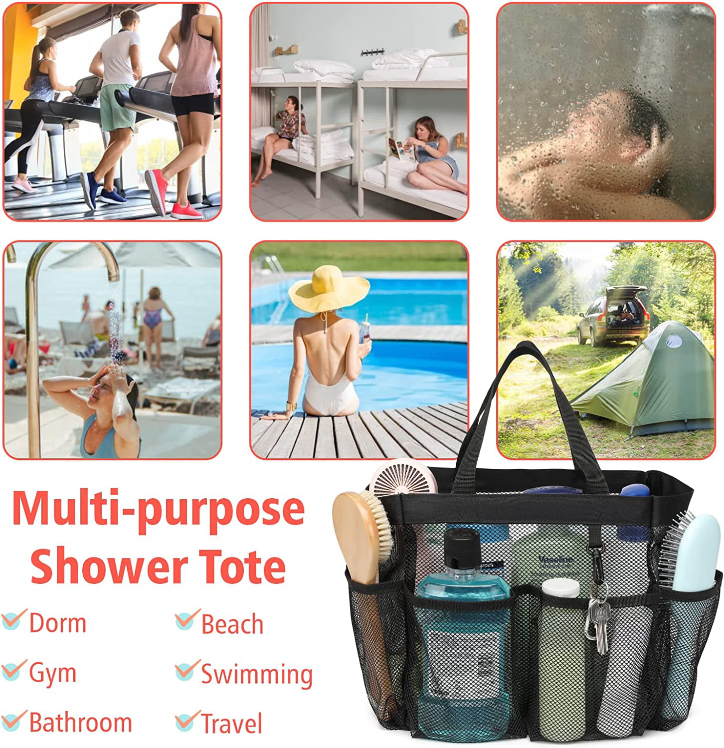 EUDELE Mesh Shower Caddy Portable for College Dorm Room Essentials with  8-Pocket Large Capacity for Beach,Swimming,Gym-Grey