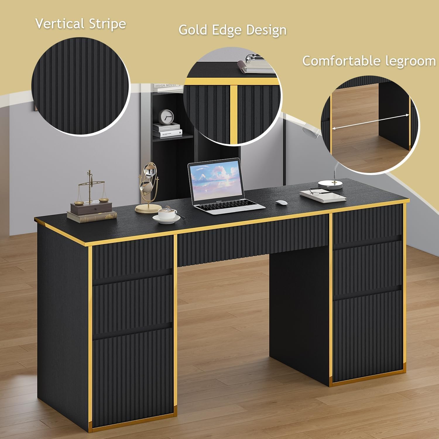 DreamCurship 58 inch Executive Desk with Drawers, Computer Desk with 7 Drawers, Home Office Desk for Work Study Writing, Black and Gold