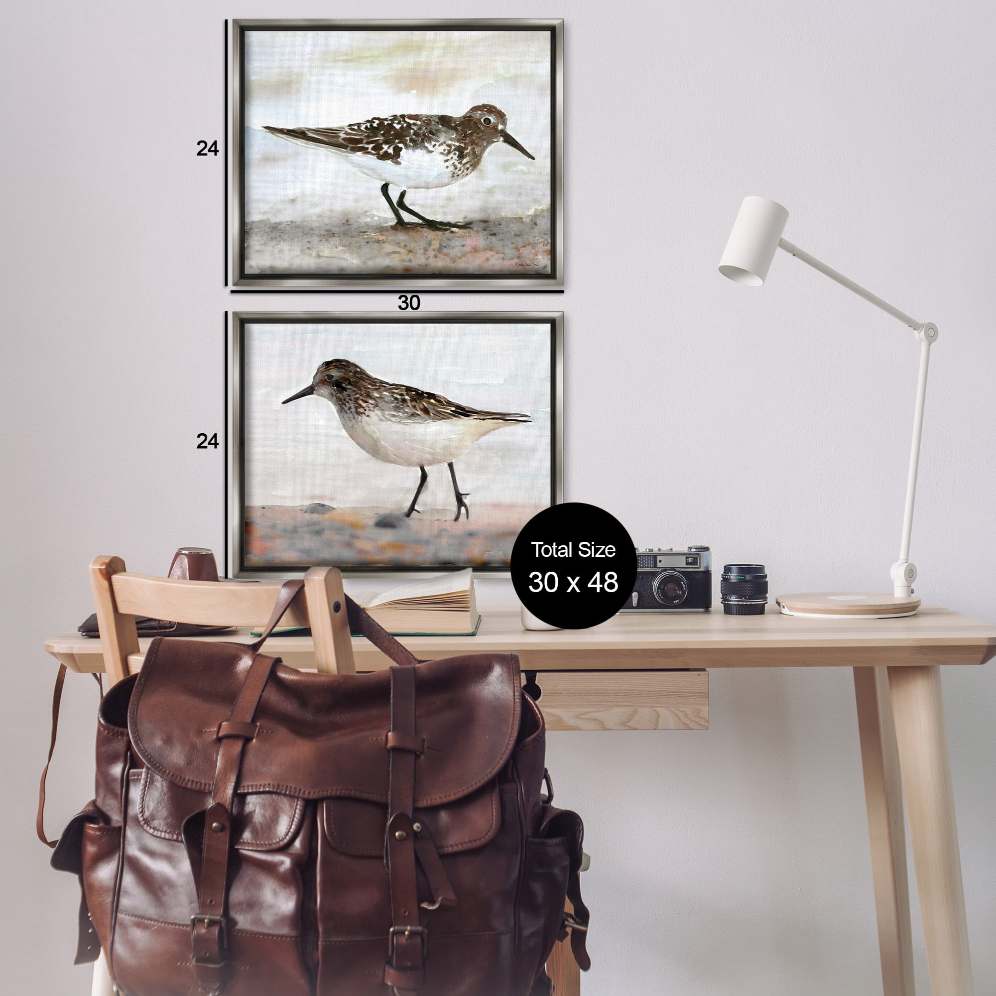 Stupell Industries Sandpipers on Coast Nautical Beach Animals & Insects Painting Gray Floater Framed Canvas Art Print Wall Art, 31 x 25, Set of 2