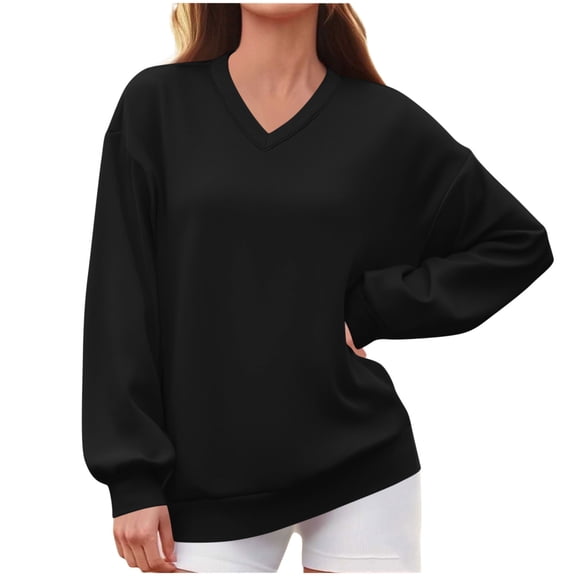 Jaunzuar V Neck Sweatshirt Women Solid Color Pullover Sweatshirts Casual Loose Sweat Shirts L