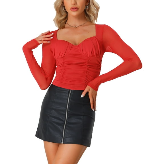 Allegra K Long Sleeve Mesh Tops for Women's Sweetheart Neck 2023 Fall Trendy Ruched Blouse with Padded Bust