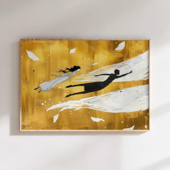 Golden Dreamscape Surrealist Art Print Floating Figures Abstract Yellow Minimalist Wall Art Ethereal Female Male Silhouettes Modern Print Wall Art, Modern Wall Decor, 8x12 UNFRAMED