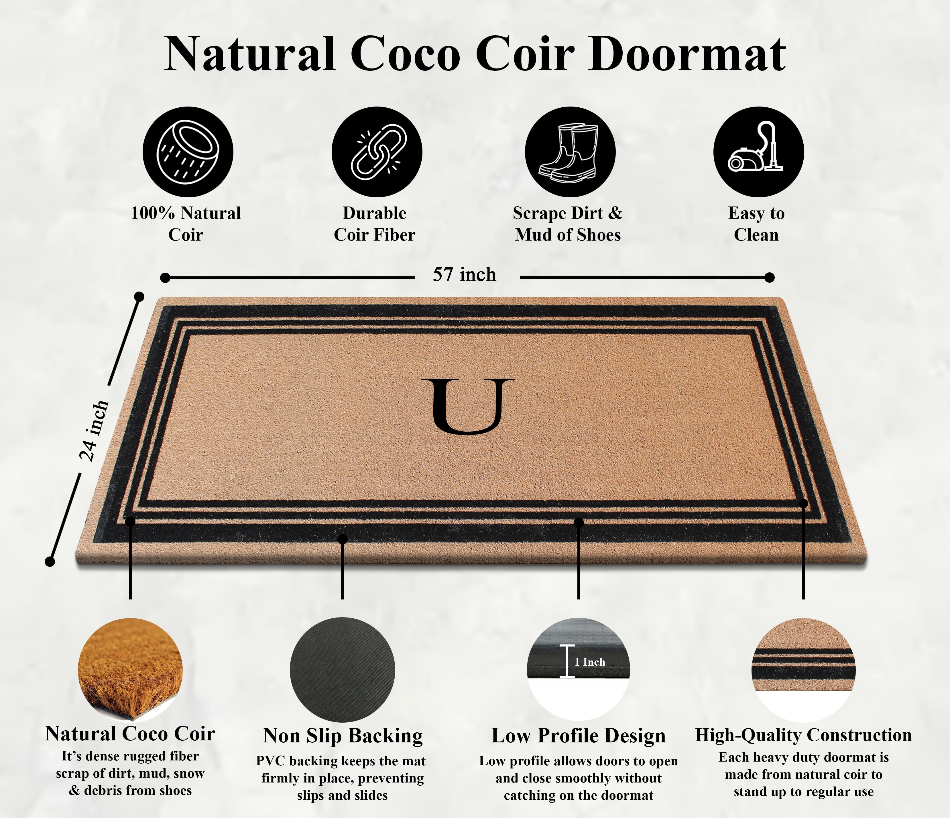 A1HC Natural Coir Flock Monogrammed Door Mat for Front Door, 24x57, Anti-Shed Treated Durable Doormat Outdoor Entrance, Heavy Duty, Thin Profile, Easy to Clean, Long Lasting, Front Door Entry Doormat