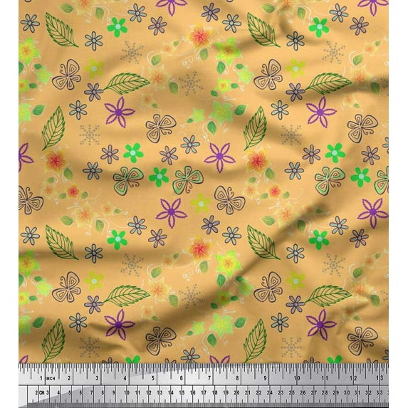 Soimoi Orange Cotton Voile Fabric Leaves,Insect & Floral Artistic Print Fabric by The Yard 56 Inch Wide