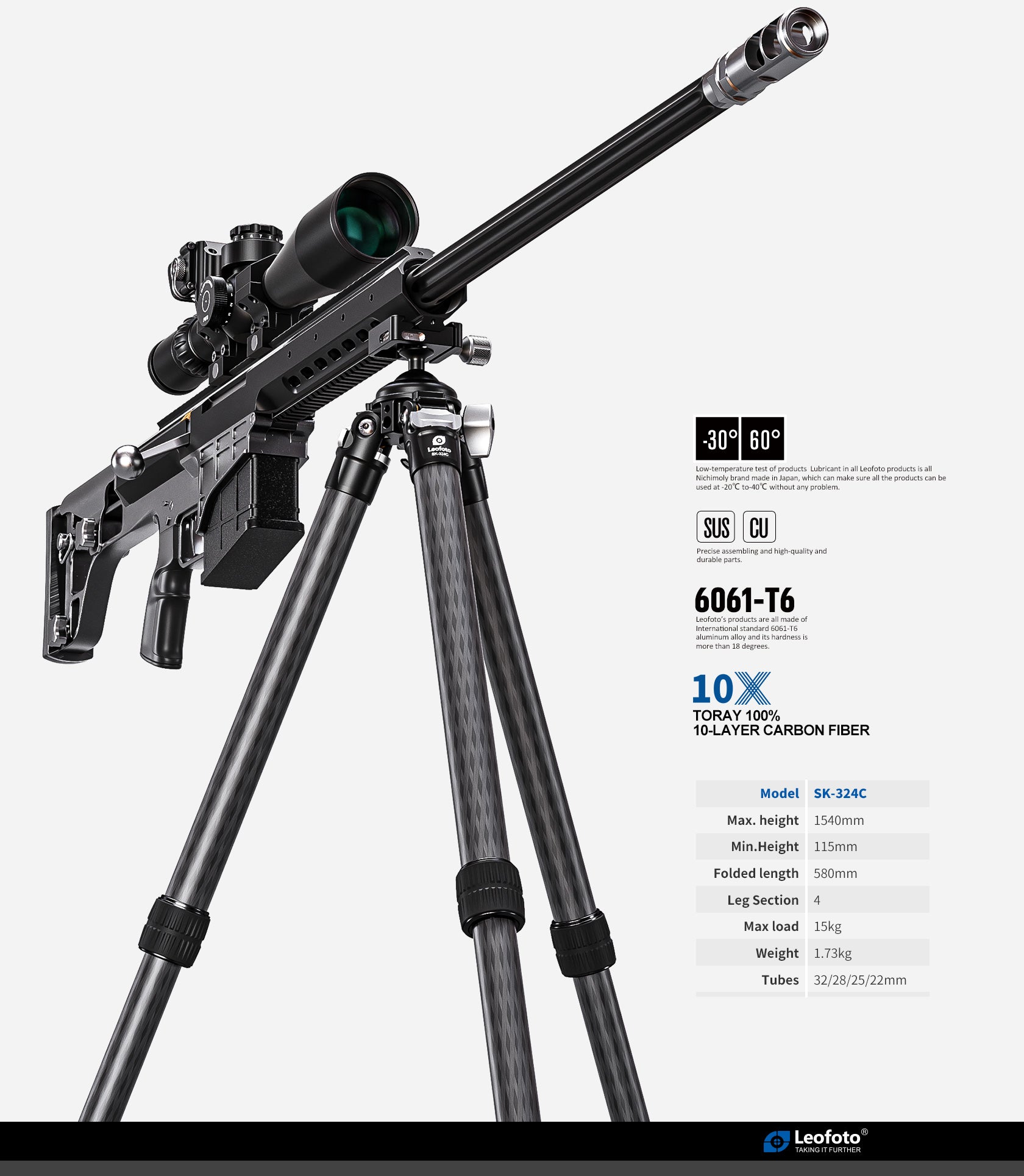 Leofoto SK324C Rifle Tripod with Integrated Knob Control Ballhead