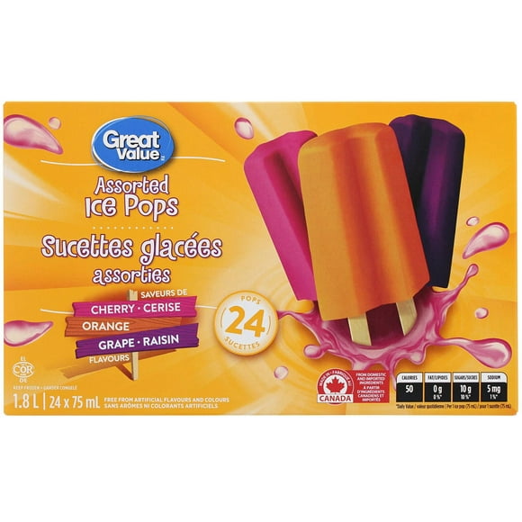 Sucettes glacées assorties Great Value 24 x 75 mL (1,8L)