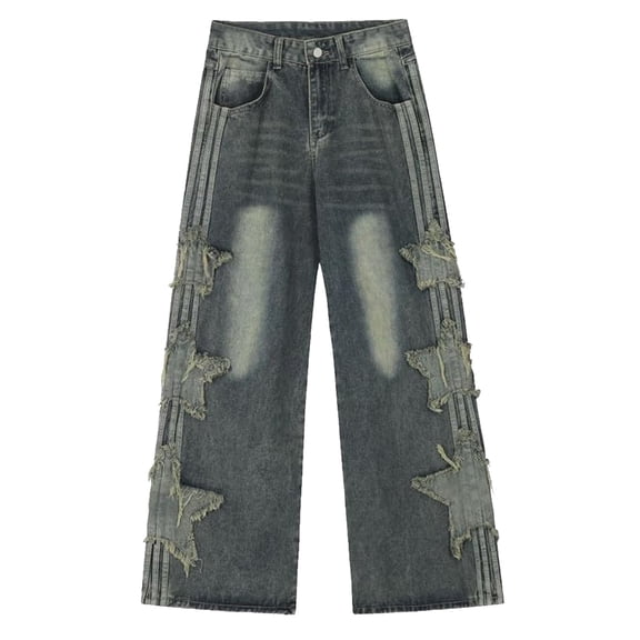 Womens Fashion High Waisted Jeans Star Patch Straight Leg Loose Drapey Floor Length Denim Casual Long Trousers Baggy Jeans for Women Trendy