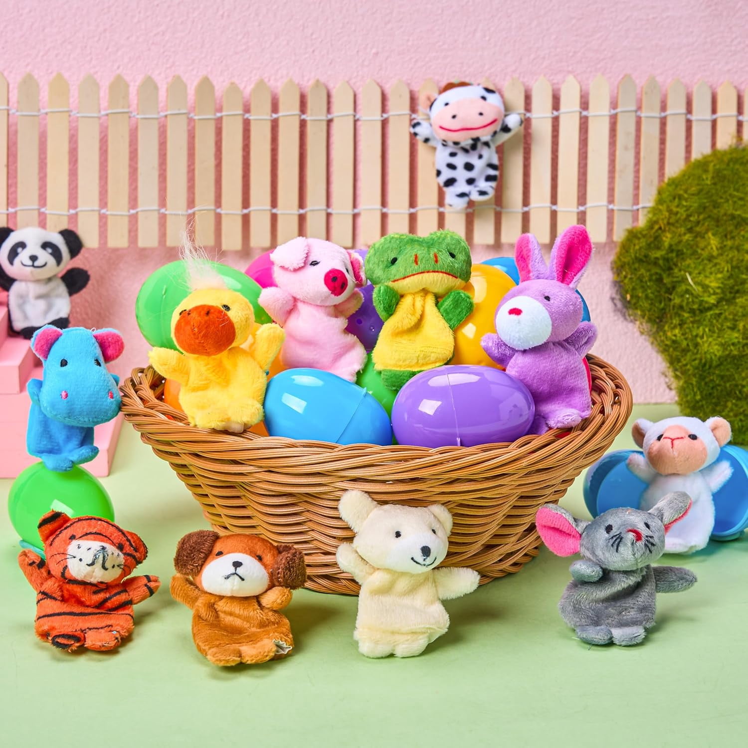 12 Prefilled Easter Eggs with Finger Puppet Toys, Plastic Easter Basket Stuffers for Toddlers and Babies, Easter Party Favors