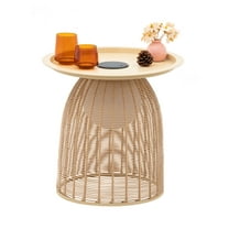 Outdoor Coffee Table Boho Wicker Patio Solar Table All Weather Metal Round Tables with Built-in Lights