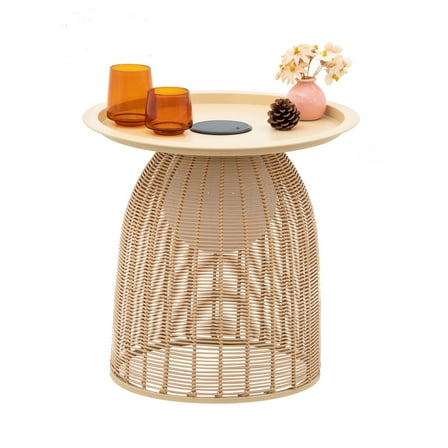 Outdoor Coffee Table Boho Wicker Patio Solar Table All Weather Metal Round Tables with Built-in Lights