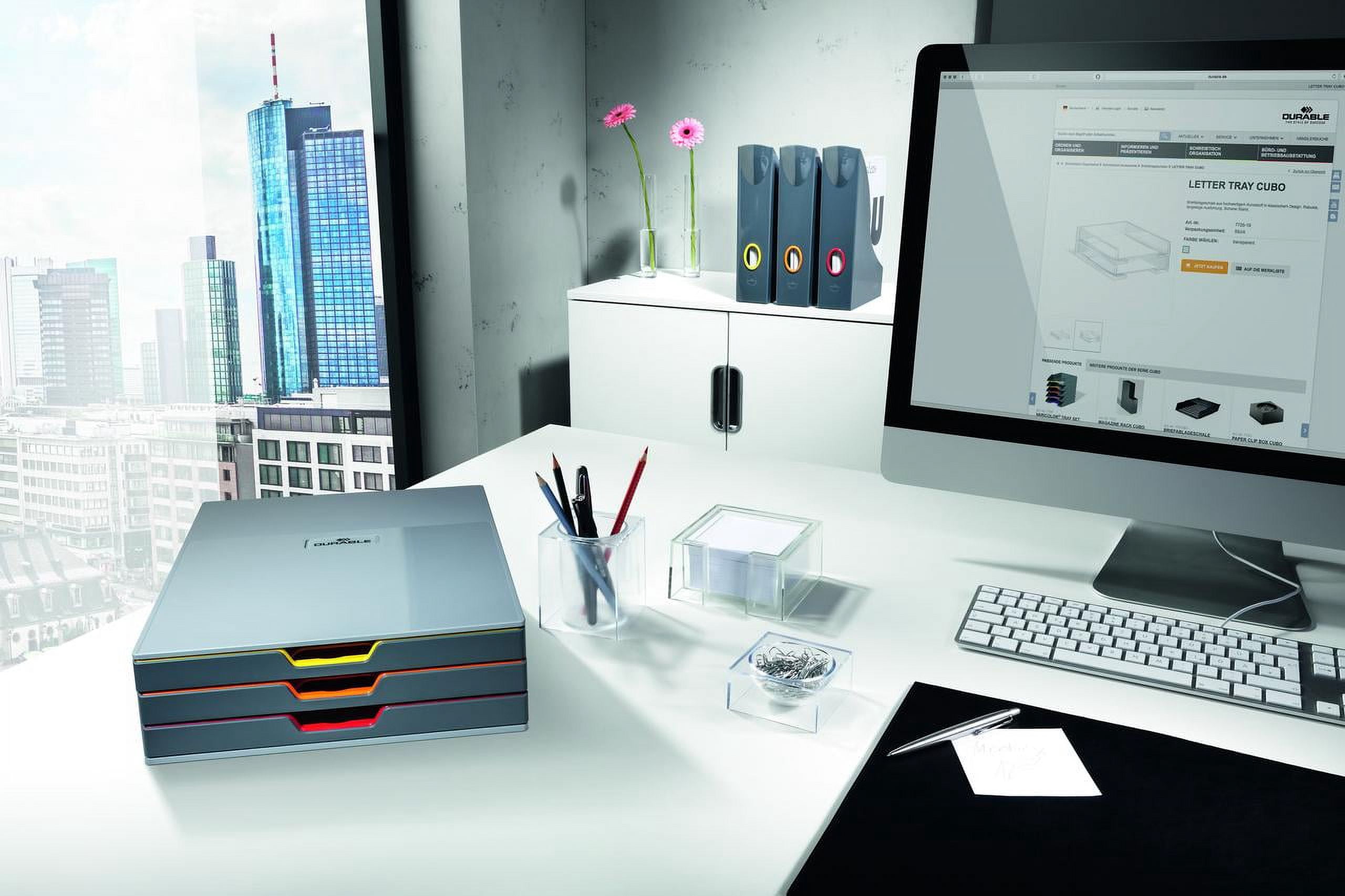 DURABLE Desktop Drawer Organizer (VARICOLOR 3 Compartments with Removable Labels) 14" x 11" x 3.8" (LxWxH) h, Gray & Multicolored (760327)