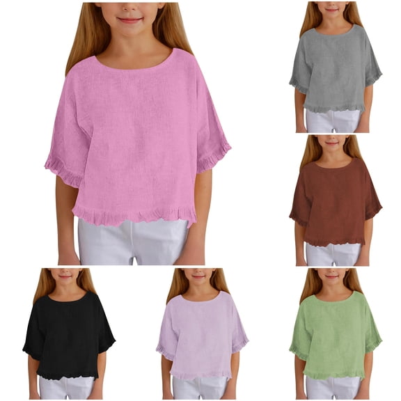 WhouRiu Girls Solid Color Tees Kids Short Sleeve Crew Neck Ruffle Tshirt Comfortable Cute Casual Summer T Shirts,7-8 Years