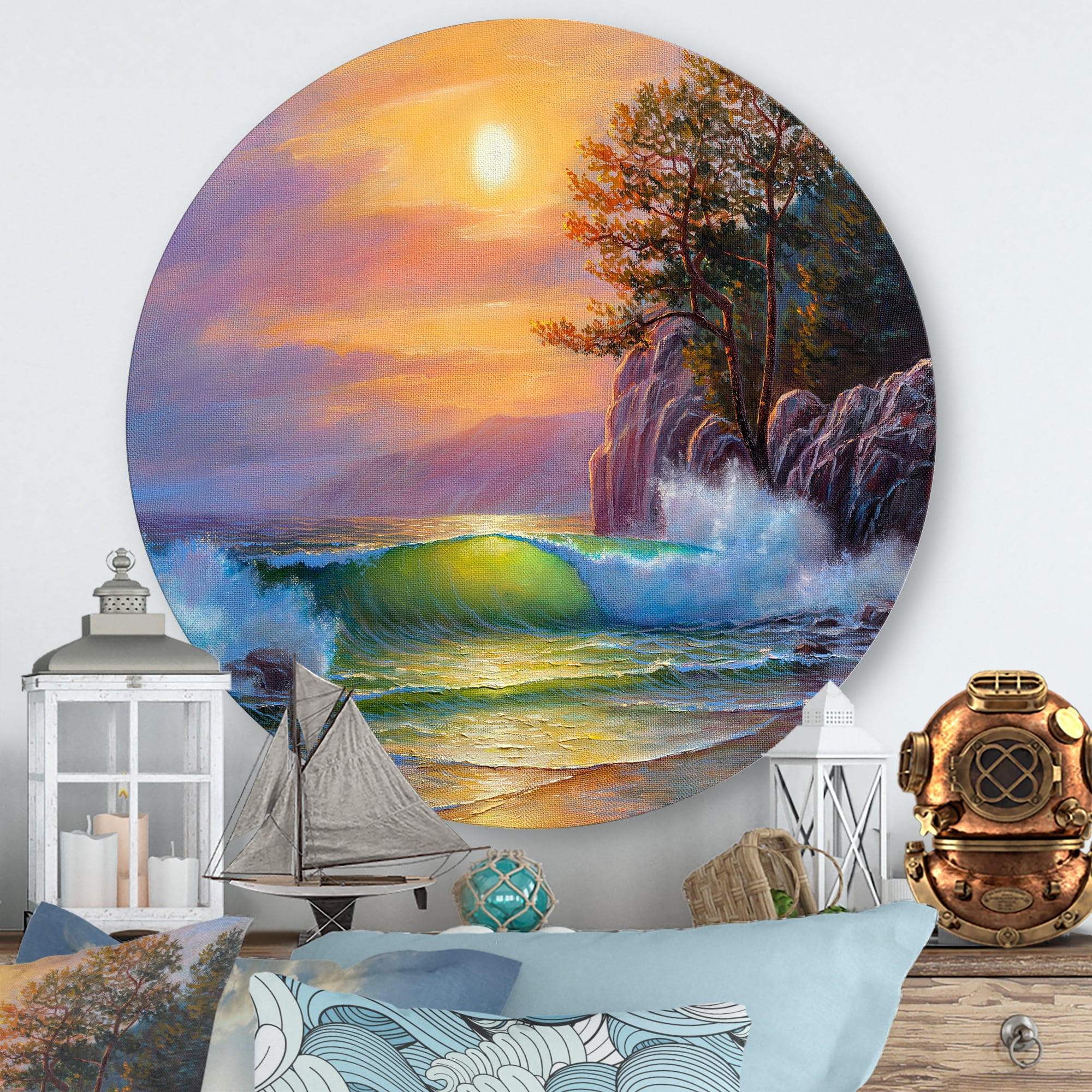 Designart 'Sunrise On Sea Waves By The Pine Trees' Nautical & Coastal Circle Metal Wall Art 23x23 - Disc of 23