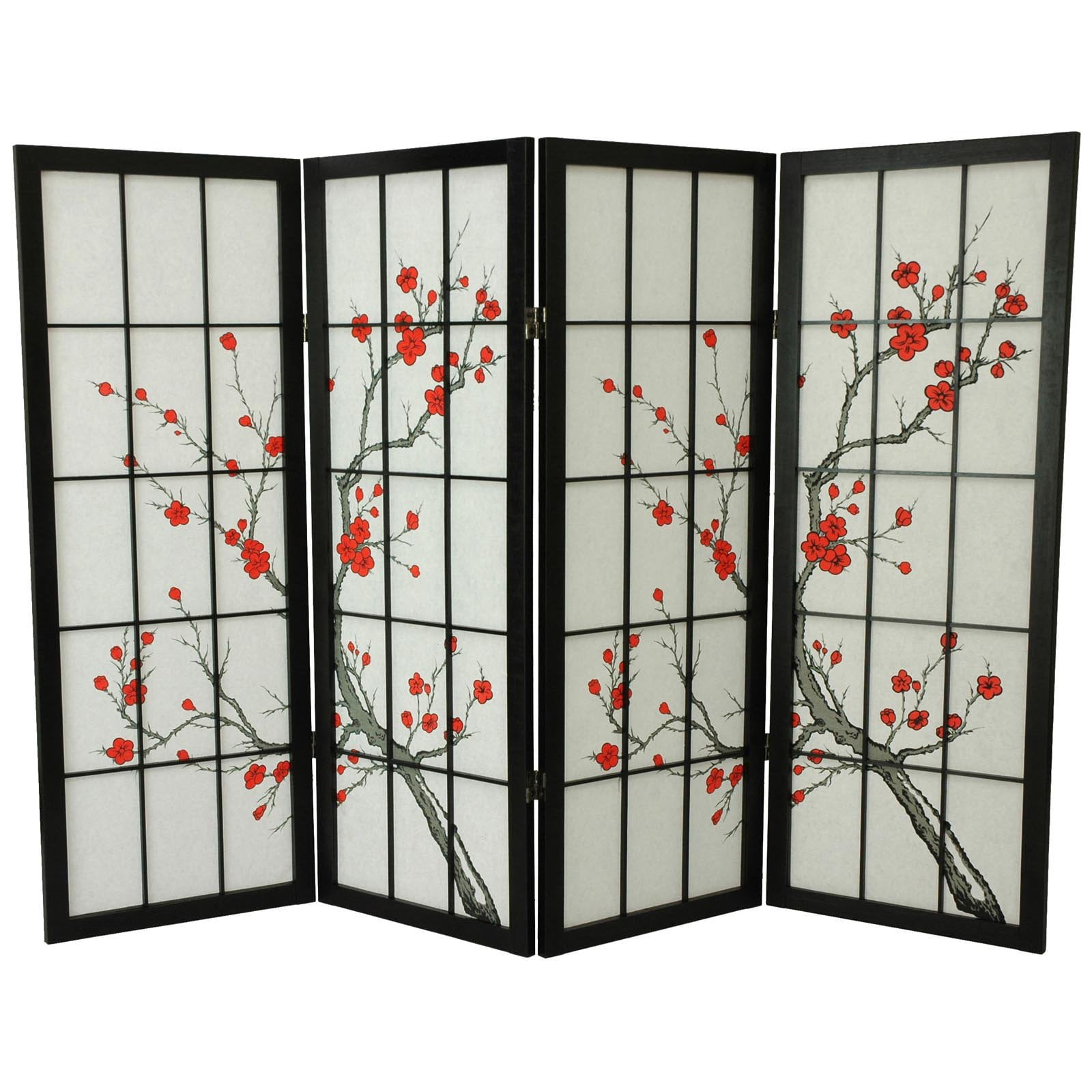 Oriental Furniture 4 ft. Tall Cherry Blossom Shoji Screen, Black, 4