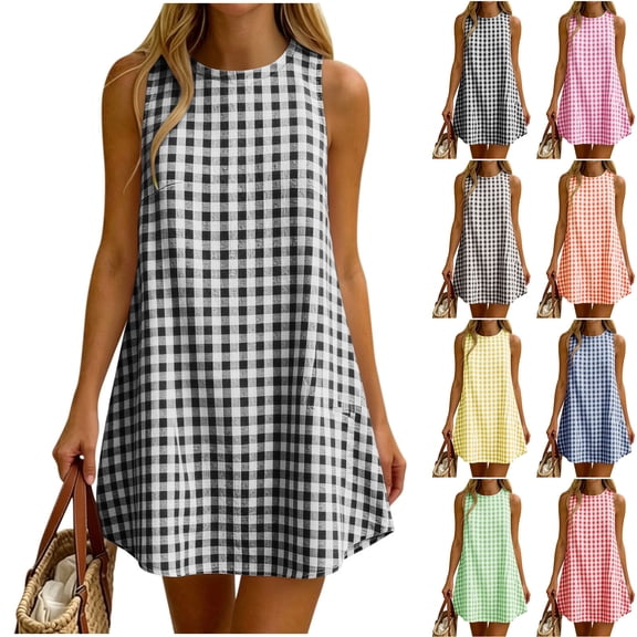 Ailaofu Summer Dresses for Women Cotton Casual Short Dress Beach Vacation Short Sundresses Fashion Plaid Print