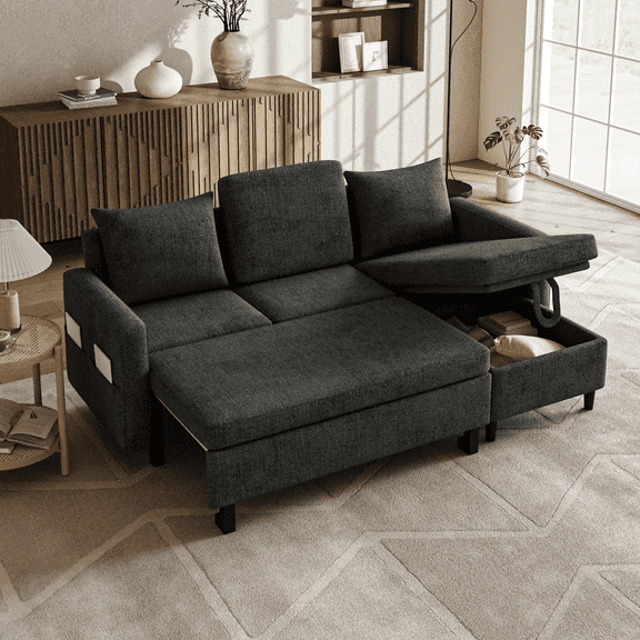 BINBANK Sectional Sleeper Sofa Bed with Pull Out – L-Shaped Couch, Reversible Storage Chaise, USB Ports,Dark Gray