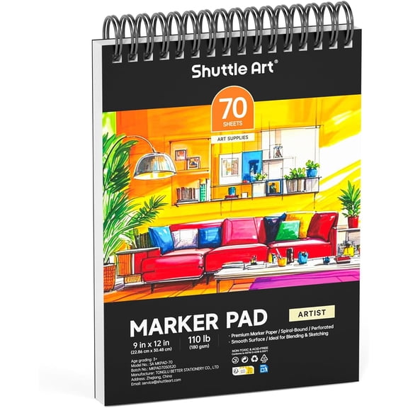 Shuttle Art Marker Pad, 12”x9” Portable Sketchbook, 70 Sheets Marker Drawing Paper, 110LB/180GSM Smooth Surface Bleedproof Art Paper, Spiral-Bound, Great for Artists to Draw, Paint & Sketch