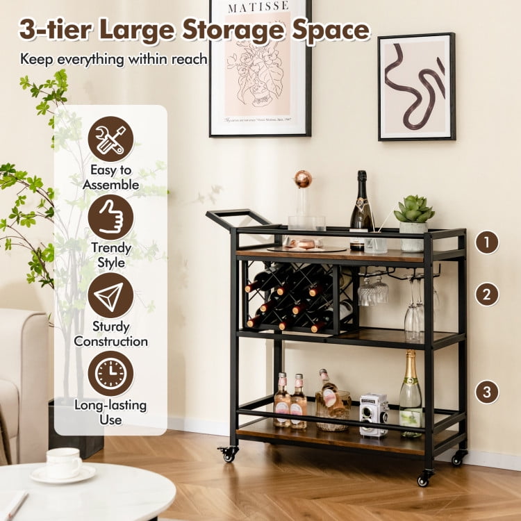 Finihen Rolling Cart, Kitchen Island Cart, 3-Tier Bar Cart on Wheels Home Kitchen Serving Cart with Wine Rack and Glasses Holder, for Kitchen, Dining Room, Rustic Brown Finihen Rolling Cart, Kitchen Island Cart, 3-Tier Bar Cart on Wheels Home Kitchen Serving Cart with Wine Rack and Glasses Holder, for Kitchen, Dining Room, Rustic Brown
