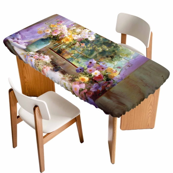 Spring Flowers Table Cloths for 4 Foot Rectangle Tables, Vintage Middle Century Abstract Oil Painting Patio Waterproof Elastic Fitted Tablecloths, Washable Rectangular Table Cover for Camping