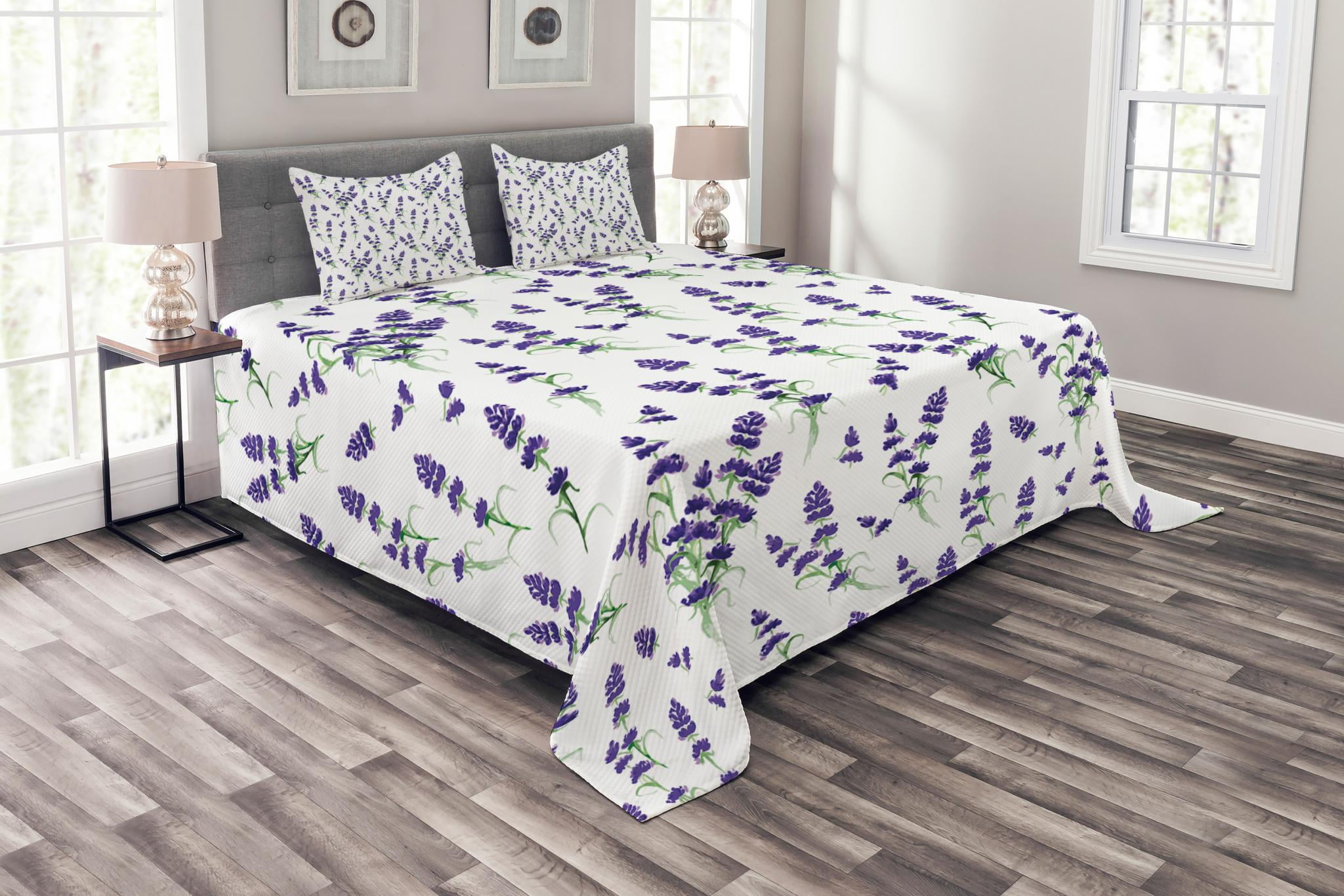Flower Bedspread Set, Watercolor Lavender Flowering Fragrant Pale Plant
