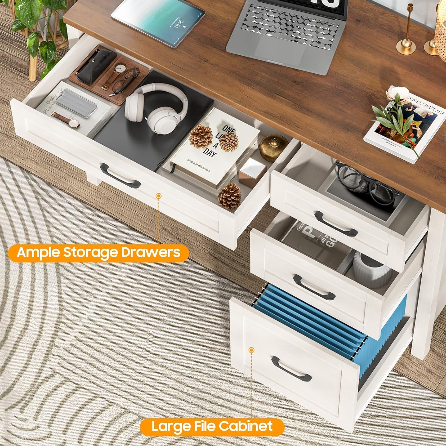 Farmhouse 47" Executive Desk with File Drawer, Wood Computer Desk with 3 Storage Drawers, Workstation for Home Office, Study, Writing(Unique White)