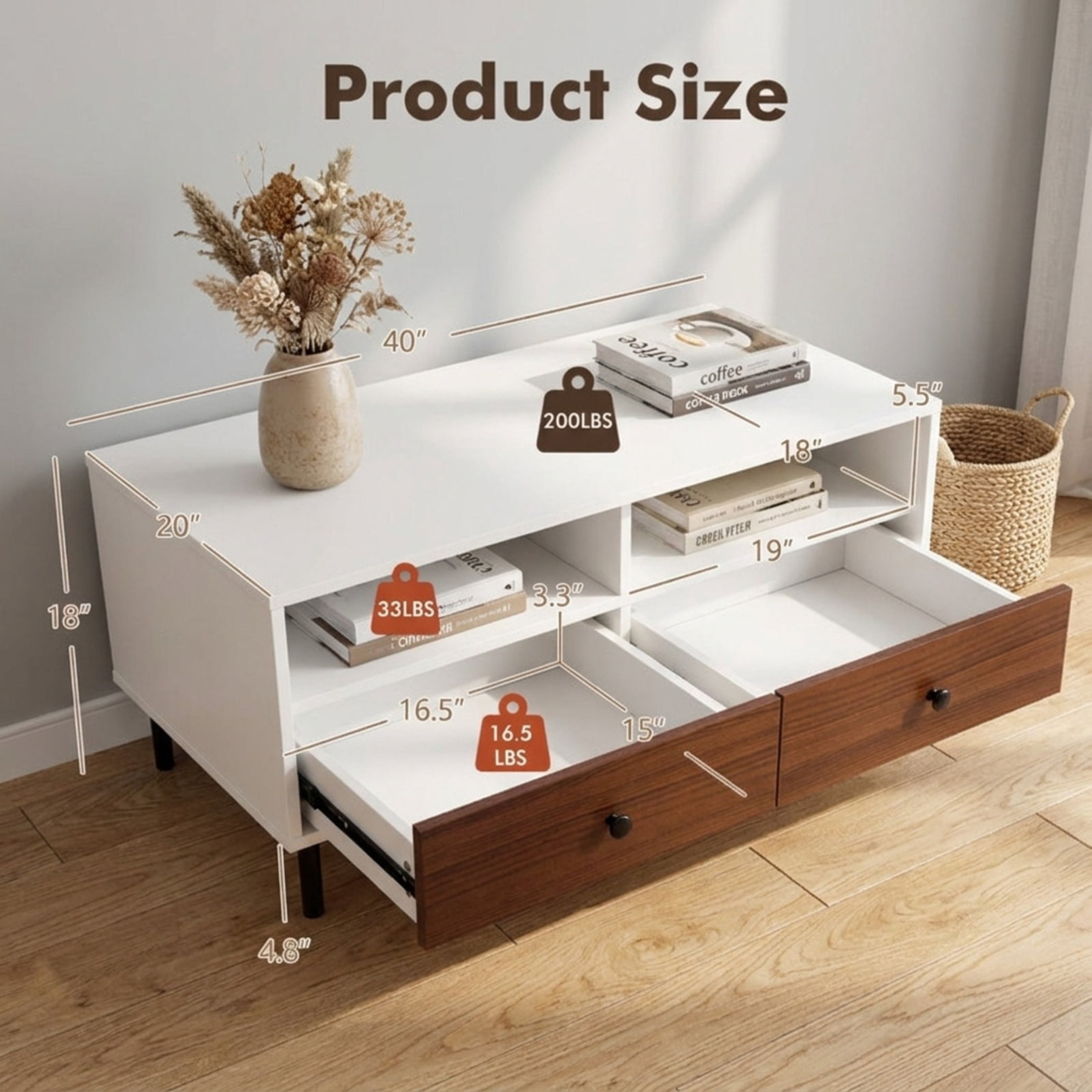 Furnibear 2 Tier 40 Inch Modern Rectangle Coffee Table with Storage Shelf and Two Drawers for Living Room Bedroom and Study, White