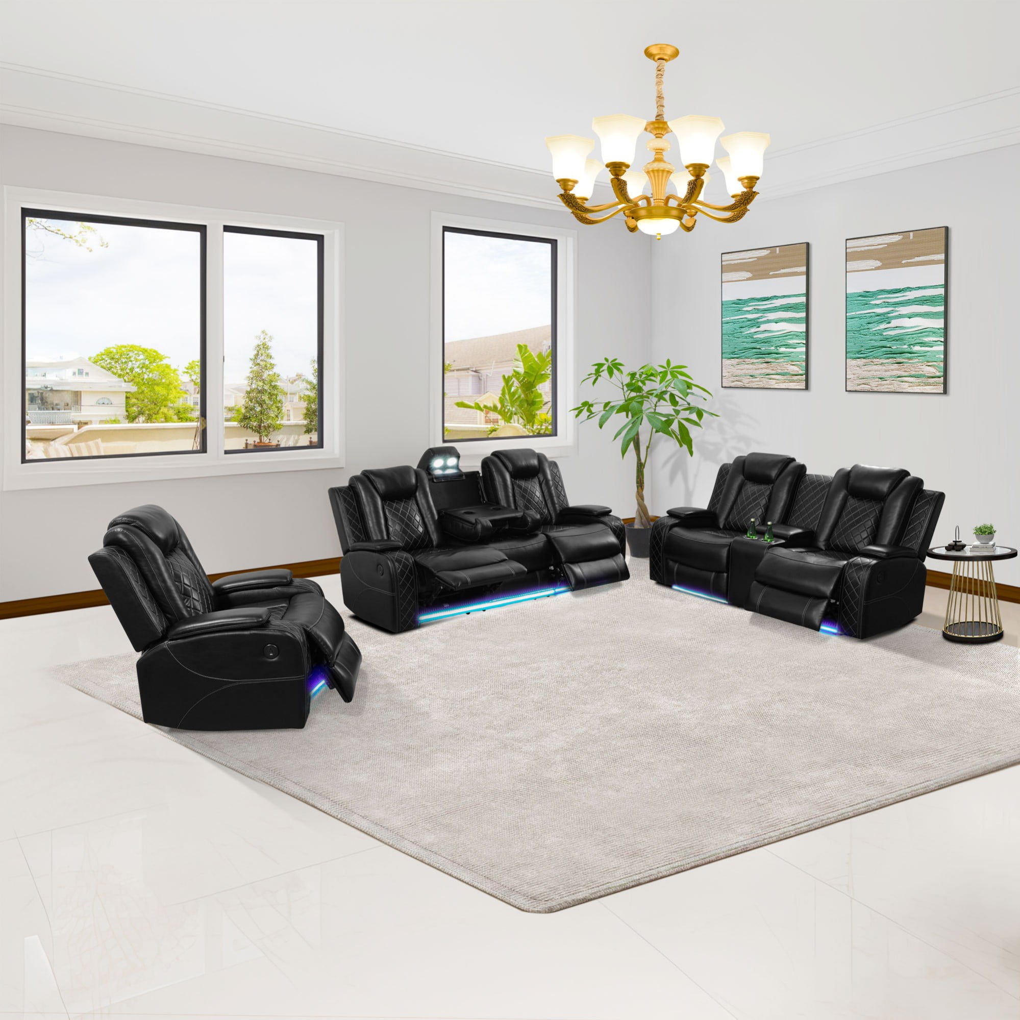 Gewnee Black 3-Piece Multifunctional Smart Sofa with Console & Cup Holders, Solid Wood Frame, Double-Layer Springs and Air Leather