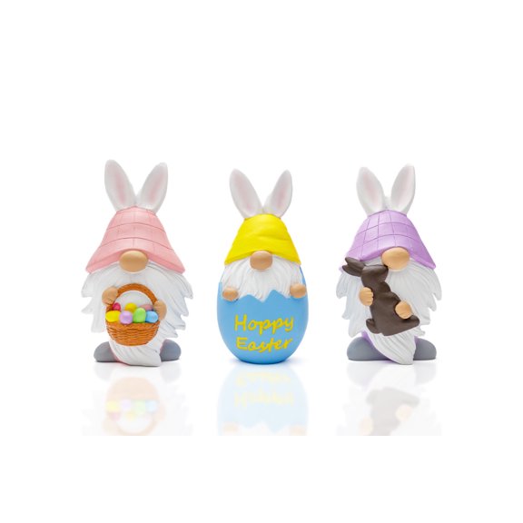 Madanar Easter Resin Gnomes 3 Piece Set for Tiered Tray Shelf Decorations - Chocolate Bunny, Egg, Basket