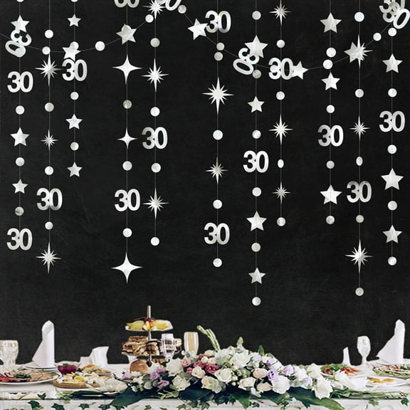 Cheerland Silver 30th Birthday Decorations Number 30 Circle Dot Twinkle Star Garland Metallic Streamer Banner Backdrop