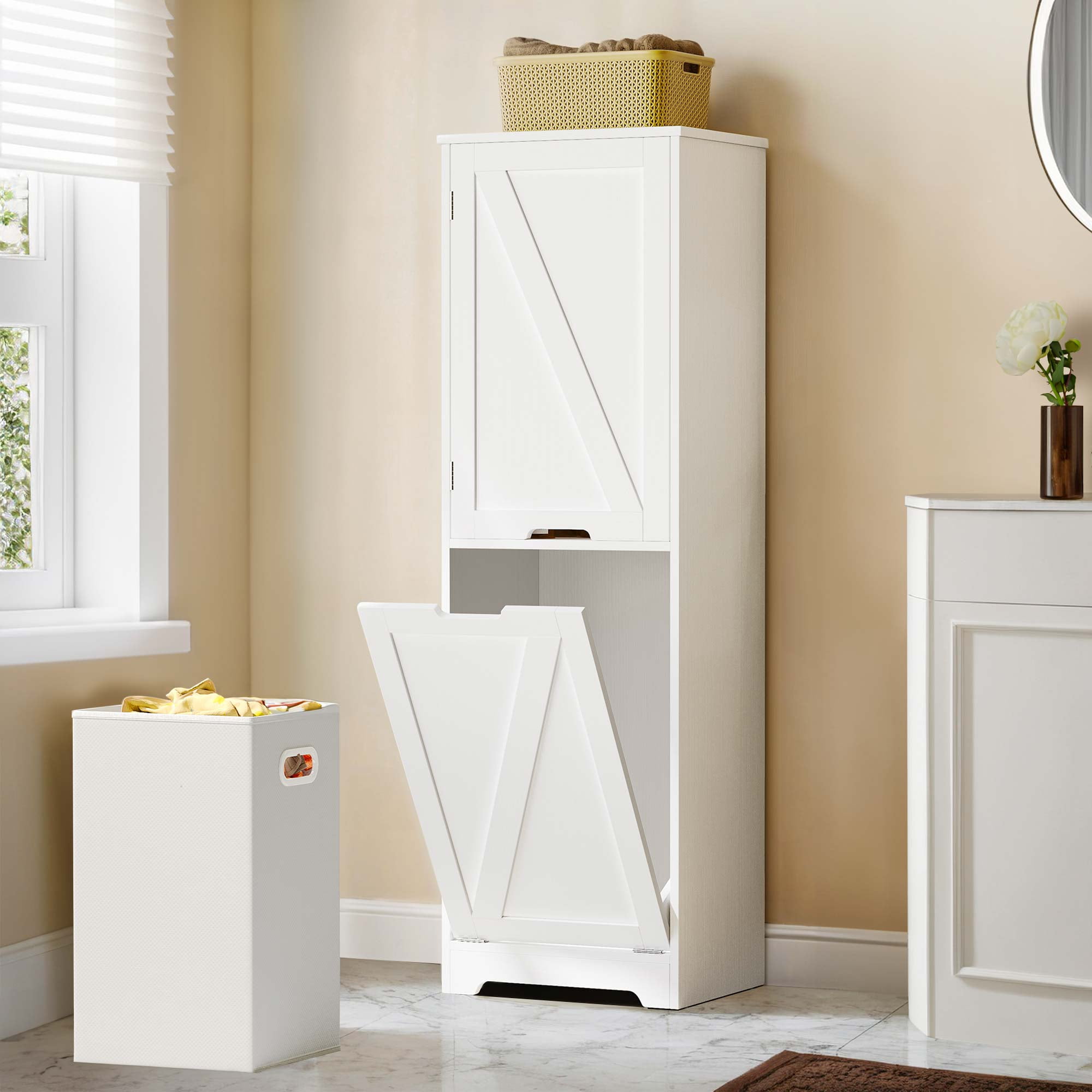 Dextrus 53" Tilt Out Laundry Hamper Cabinet, Laundry Hamper with Adjustable Shelf and Storage Basket, White
