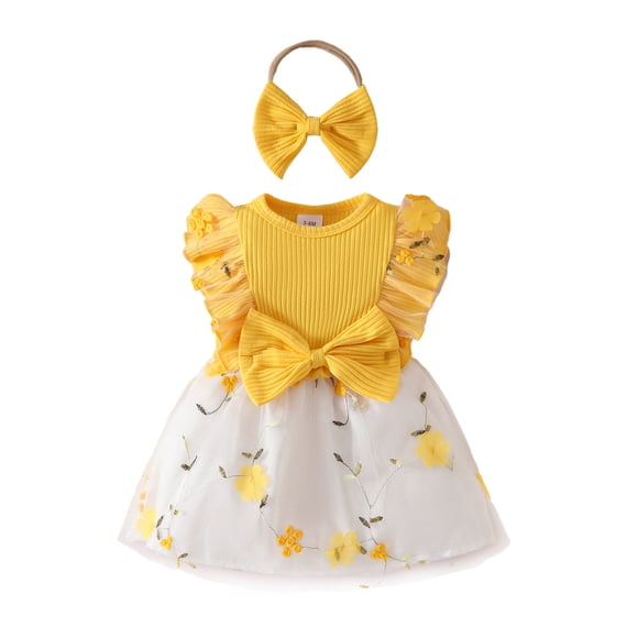 FhsagQ Robes pour Filles Petites Filles Sans Manches Robe de Fête en Tulle Robe de Danse Princesse Robes Filles Robes de Printemps Taille 14-16 Robes Printemps Jaune 9-12 Mois