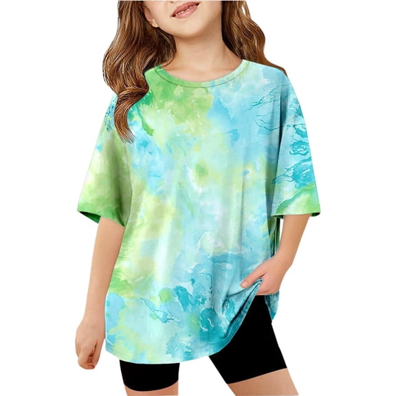 Shadoumai Shirt for Girl Tie Dye Print Crewneck Short Sleeve T Shirt Loose Tee Tops Kids Summer Clothing