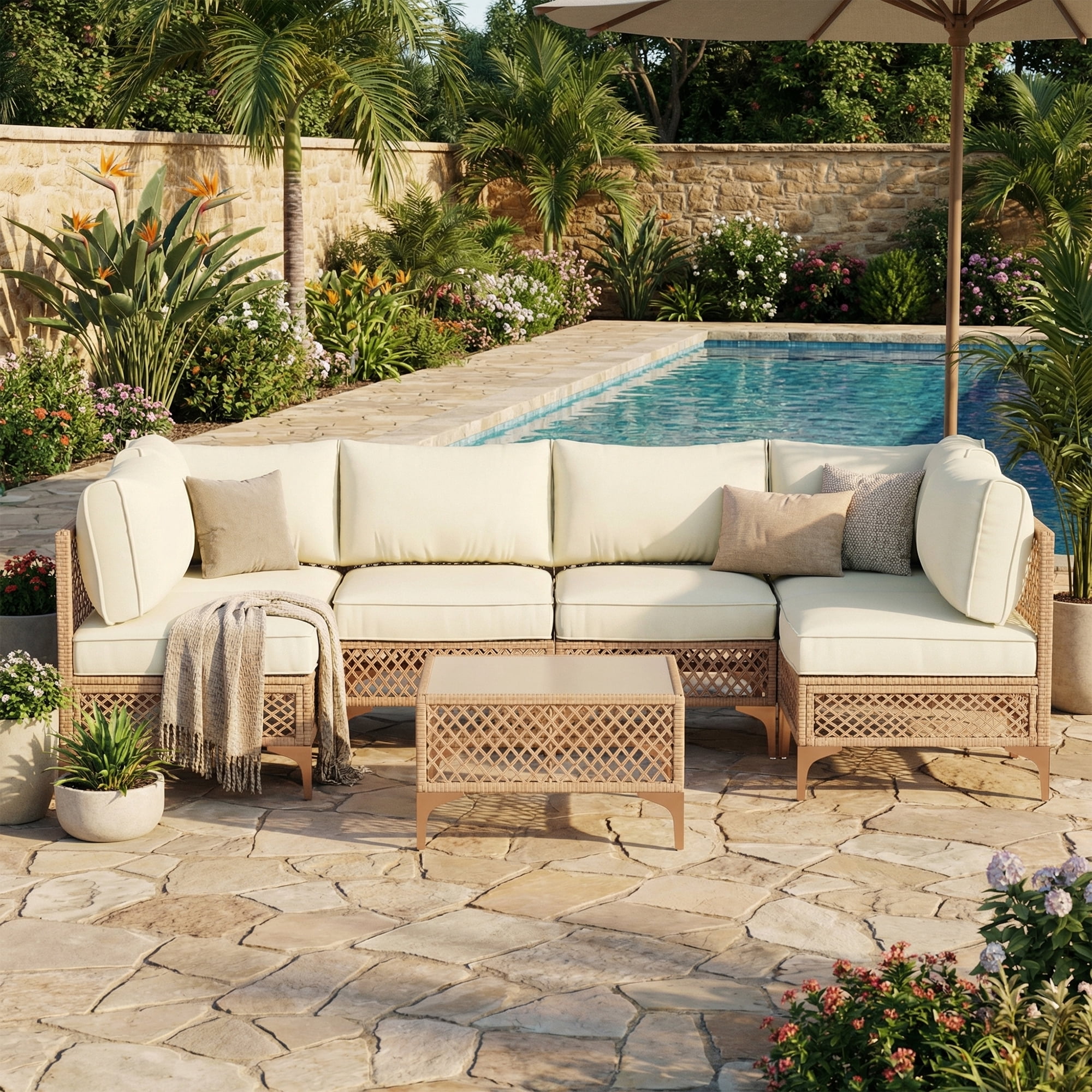 LAZZO 7-Piece Patio Furniture Set, Outdoor Wicker Conversation Set with Thick Cushions & Coffee Table for Backyard and Garden, Beige