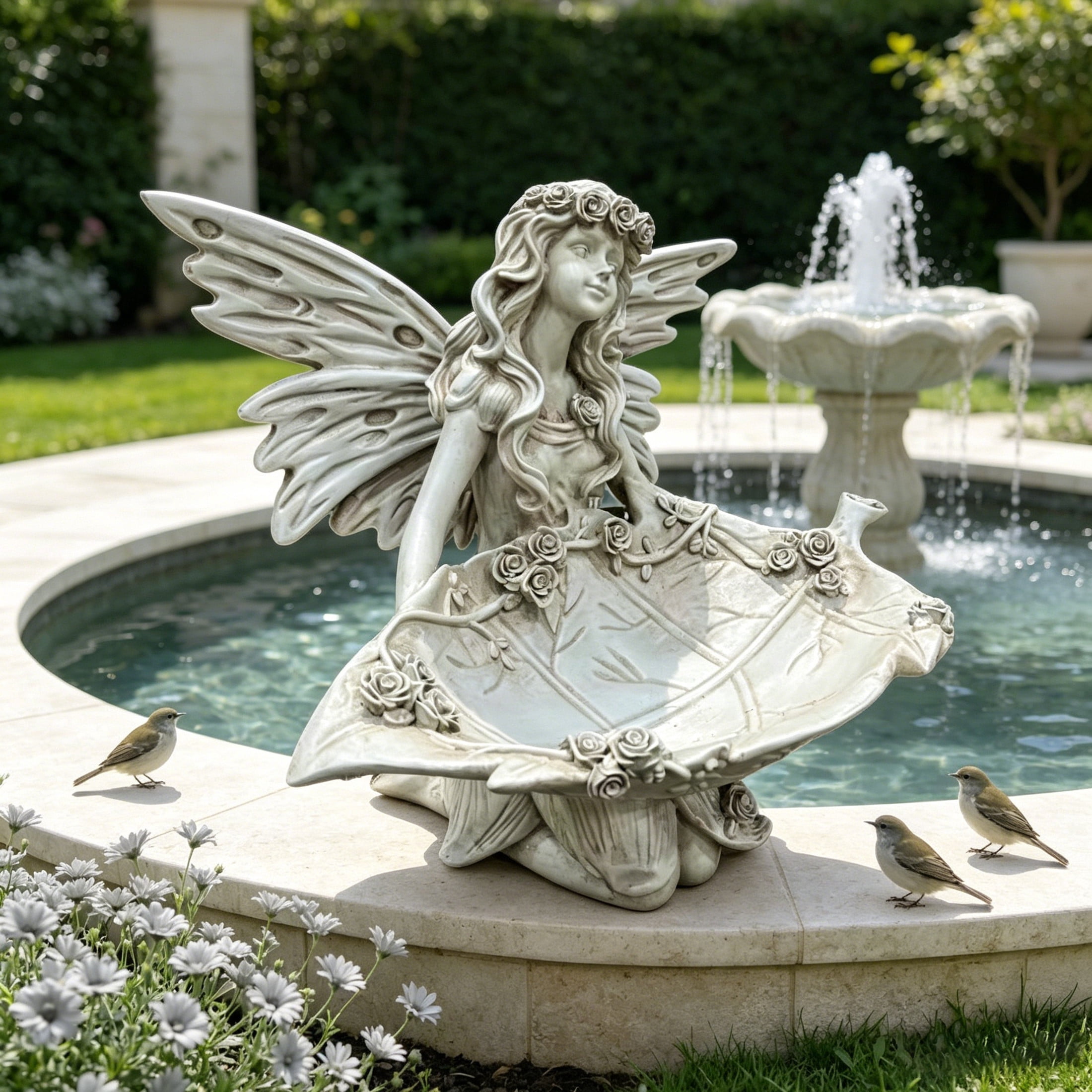 GDF Studio Fairy Angel Garden Statue with Leaf Tray, Vintage Off-White Resin Sculpture Figurine, Outdoor Yard Lawn Decor