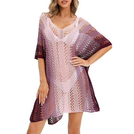 IDALL Bikini Sets Bathing Suit Spring/Summer Hollow Out Knitwear Contrast Color Loose Relaxed Bikini Beach Sunscreen Cover Swimsuit Coverup Womens Swimwear Purple One Size