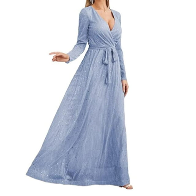PENGXIANG Robe de Demoiselle d'Honneur à Sequins pour Femmes Manches Longues Col en V Ceinturée Robe Maxi Pailletée Robes de Soirée