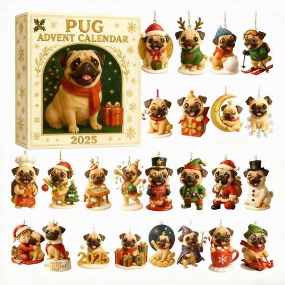 24-Day Pug Dog Advent Calendar,Cute Puppy Holiday Hanging Ornament Countdown