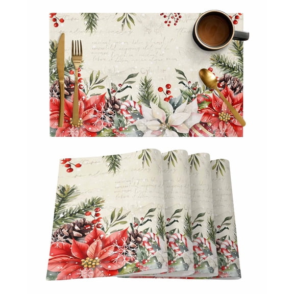 Placemats Set of 8, Christmas Poinsettia Woven Placemat, Linen Place Mats for Kitchen/Dining Tables, Xmas Floral Snowflake Winter Holiday Washable Table Mats for Party