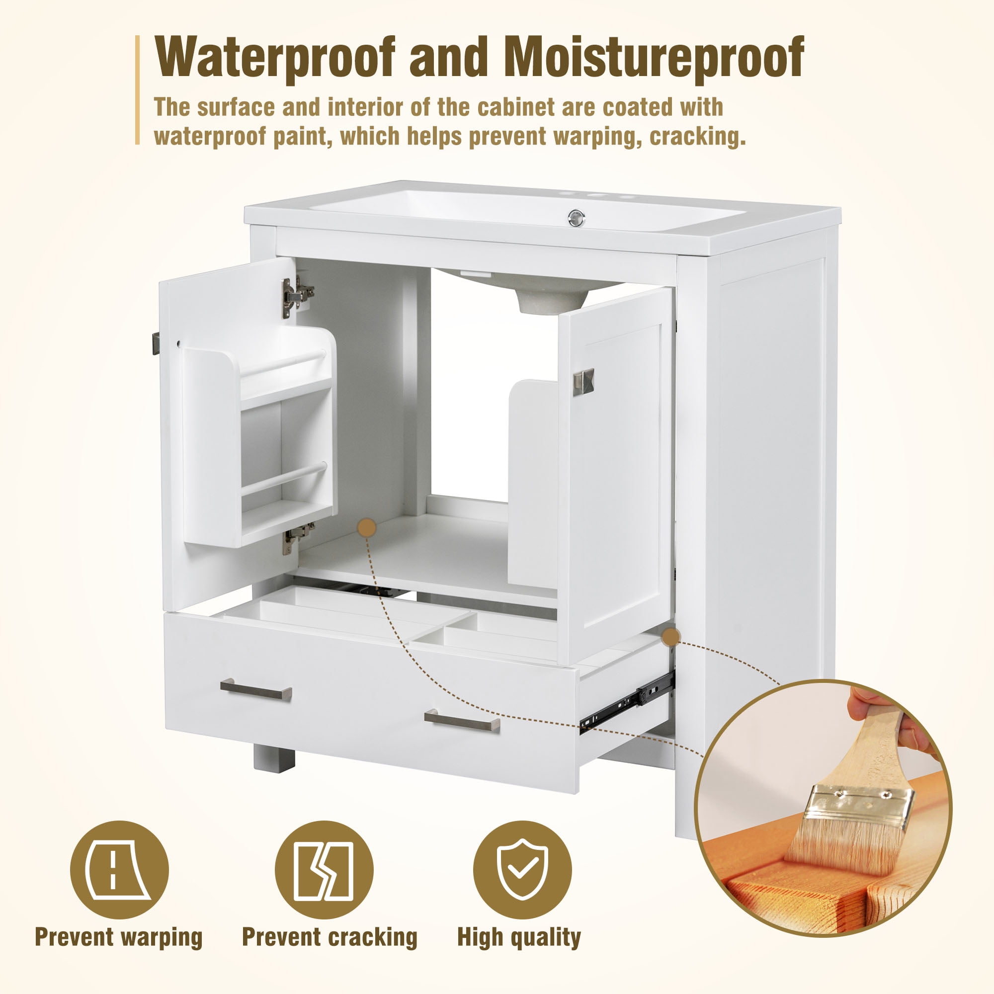 Harper & Bright Designs 30" White Bathroom Vanity with Single Sink, Bathroom Combo Cabinet Undermount Sink with 2 Doors and a Drawer, Soft Closing, Multifunctional Storage, Solid Wood Frame