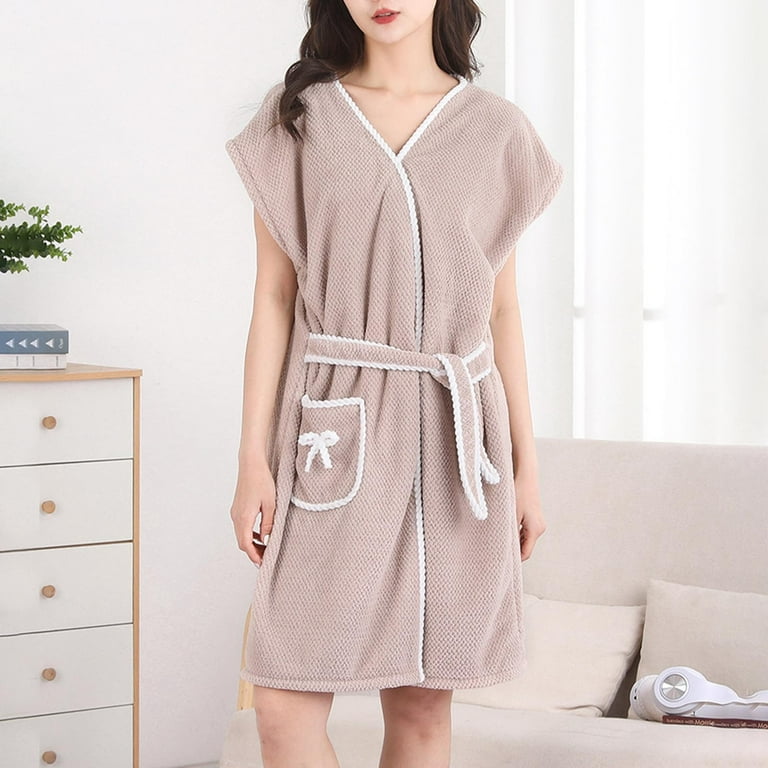 Zzwxwa Womens Terry Home Cloth Bathrobe Short Sleeve Belted Spa Hotel Dressing Gown Absorbent Quick-Dry Robes with Pockets, Women's, Size: Free size,