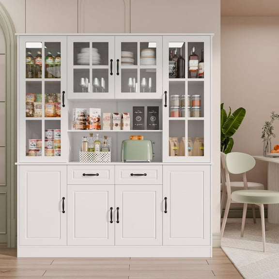 TOLEAD Adjustable Shelves Kitchen Hutch MDF Board/Tempered Glass White, 15.8" x 63" x 70.9"