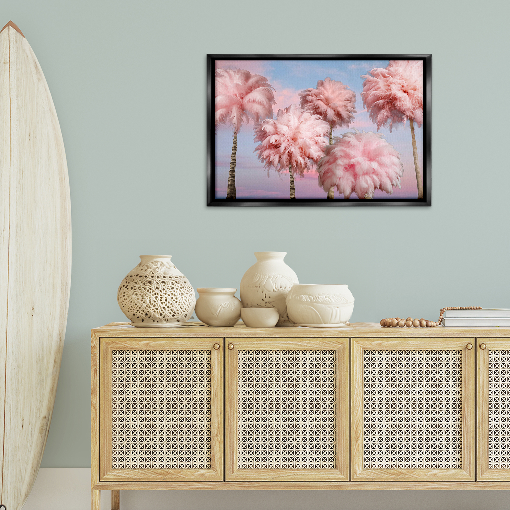 Stupell Industries Fluffy Pink Palm Trees Botanical & Floral Painting Black Floater Framed Canvas Art Print Wall Art, 31 x 21