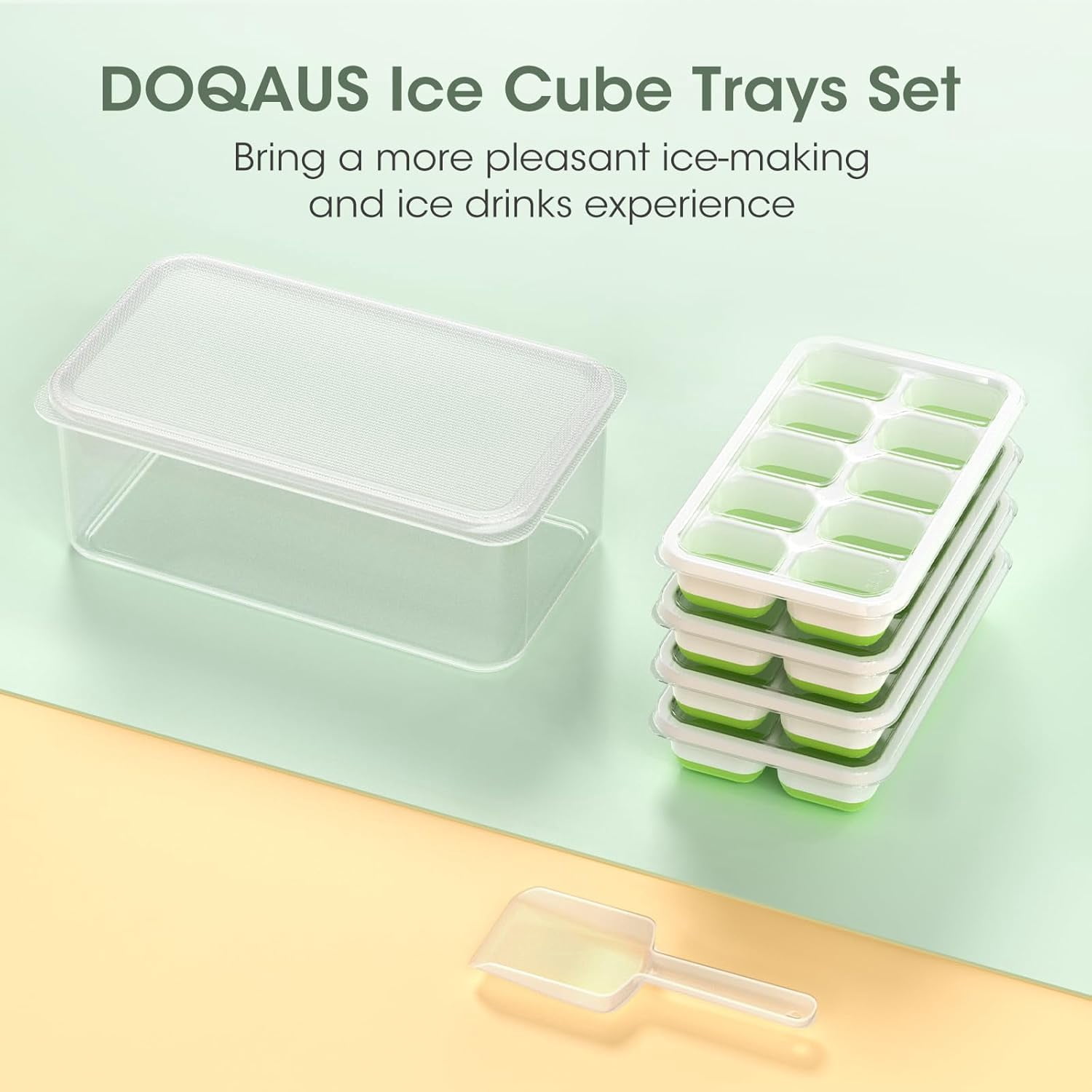 Senya Ice Cube Tray with Lid and Bin, 4 Pack Stackable Ice Tray with Storage Ice Bucket Kits, Ice Scoop
